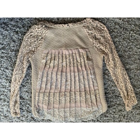 One September ANTHROPOLOGIE Rosanella Tan Pleated Lace Knit Tunic Top sz XS - Picture 1 of 7